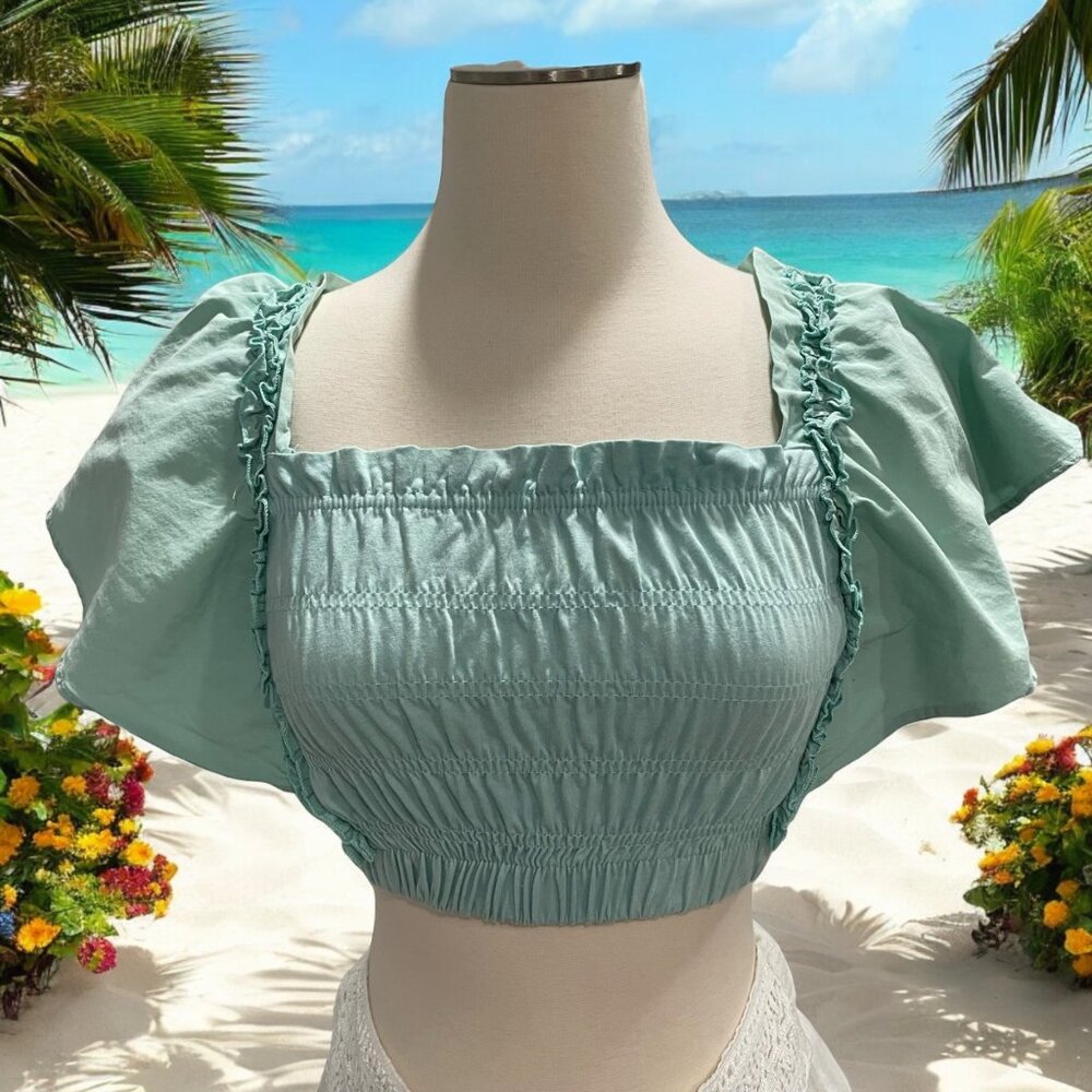 Zara Kids 9 Smocked Crop Top Seafoam Green Puff Sleeve Boho Summer‎ Casual Beach